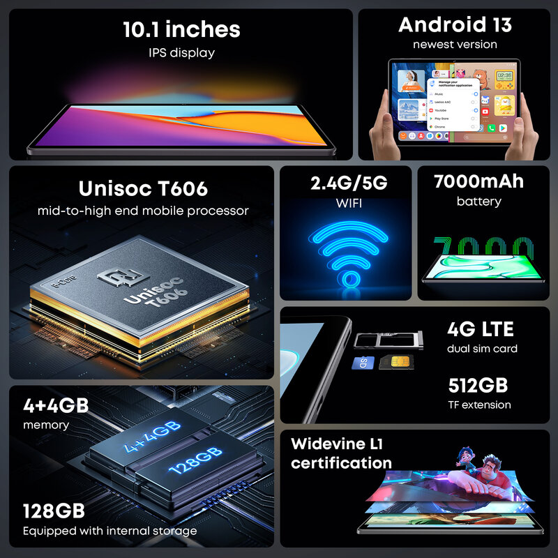 CHUWI Hi10X Pro Tablet Android 13, Unisoc T606 4GB RAM 128GB ROM Tablets，10.1" 1280x800 IPS Screen 7000MAH Battery,2.4G/5G Wifi