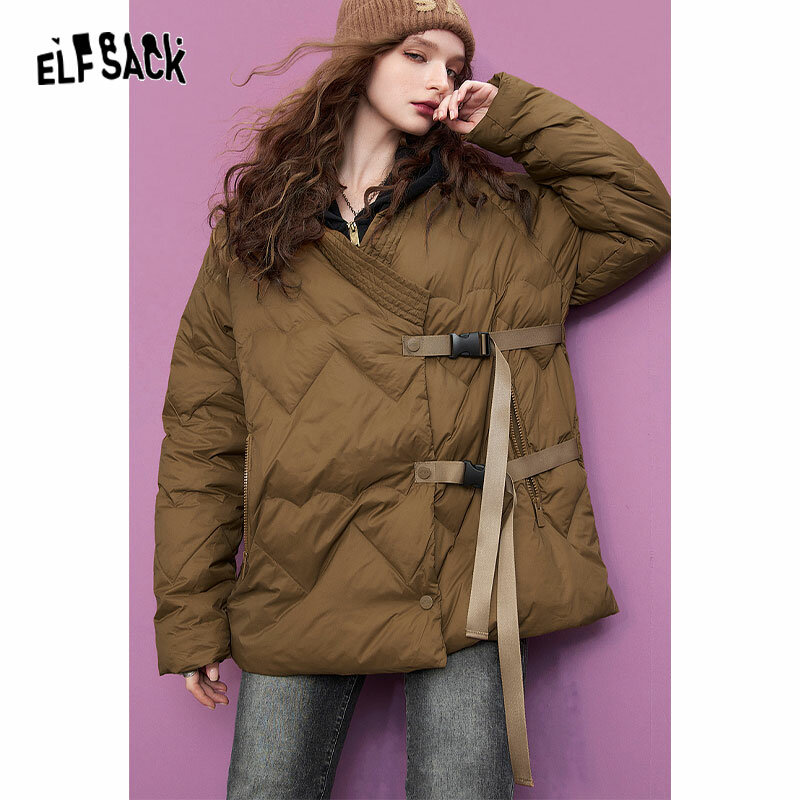 ELFSACK Black Down Coats Women 2023 Winter New Chinese Style Loose Designed Jackets