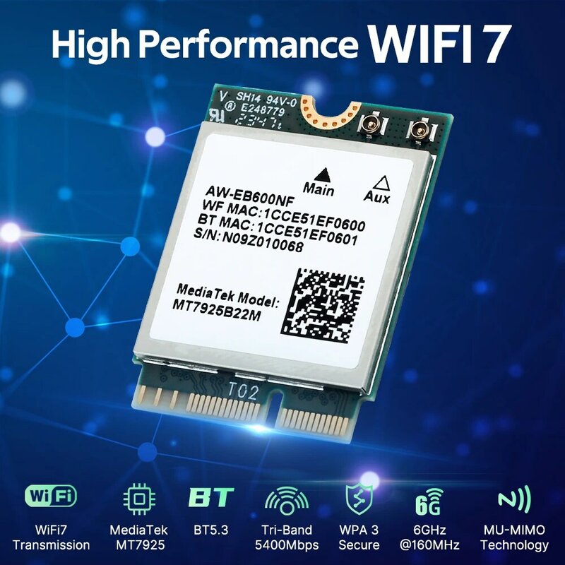 Wi-Fi Cartão Dongle de Rede, MT7925 Chave M.2 para Bluetooth 5.3, 5400Mbps, 802.11AX, Win 10 e 11 Linux, Wi-Fi 7 Cartão