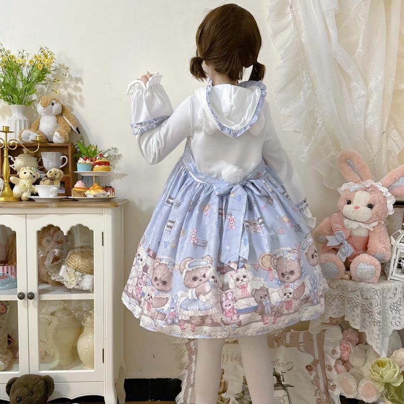 Vestido de Lolita con estampado de dibujos animados para mujer, ropa de fiesta Vintage con lazo de ensueño, Harajuku, manga larga