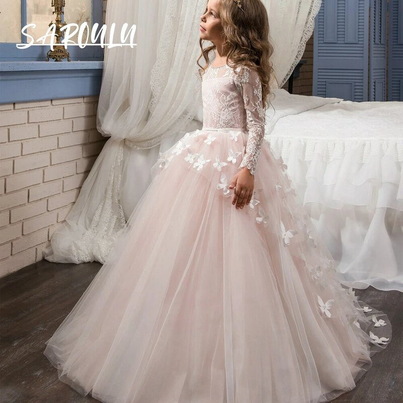 Lovely Butter Fly Appliques abiti formali per bambini per la festa di compleanno di nozze maniche lunghe Ballgown Pink Flower Girl Dresses