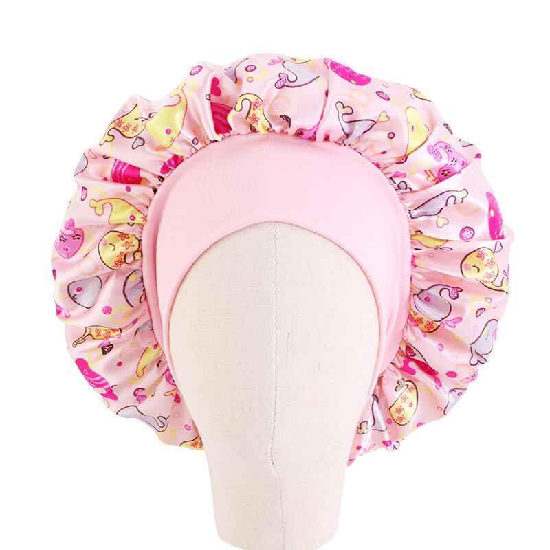 Satin Bonnet For Kids With Fruits Dot Printed Children's Wide Brim Elastic Floral Bonnet Caps Comfortable Sleeping Accessories
