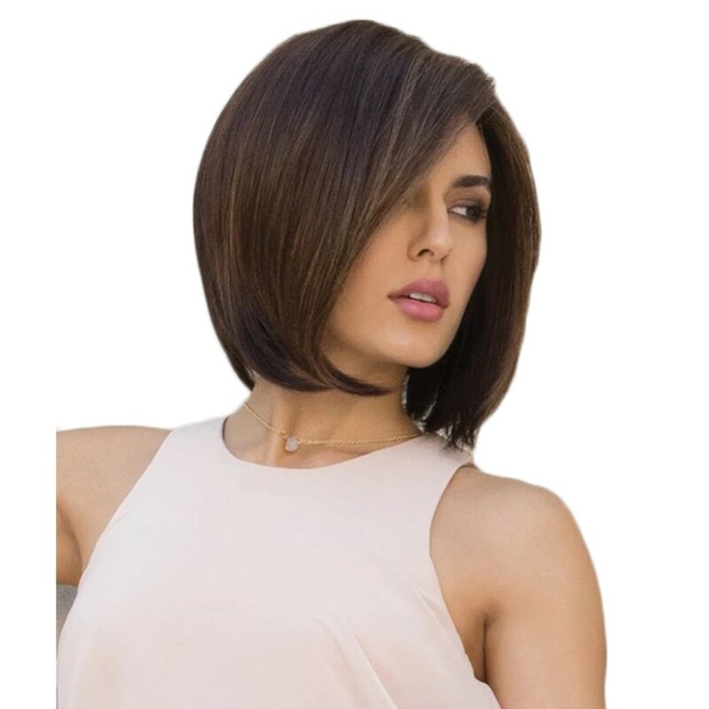 Короткий парик из человеческих волос, модный парик с прямыми волосами в центре, коричневый парик на сетке спереди для женщин, модифицирующий парик в форме лица 12 дюймов