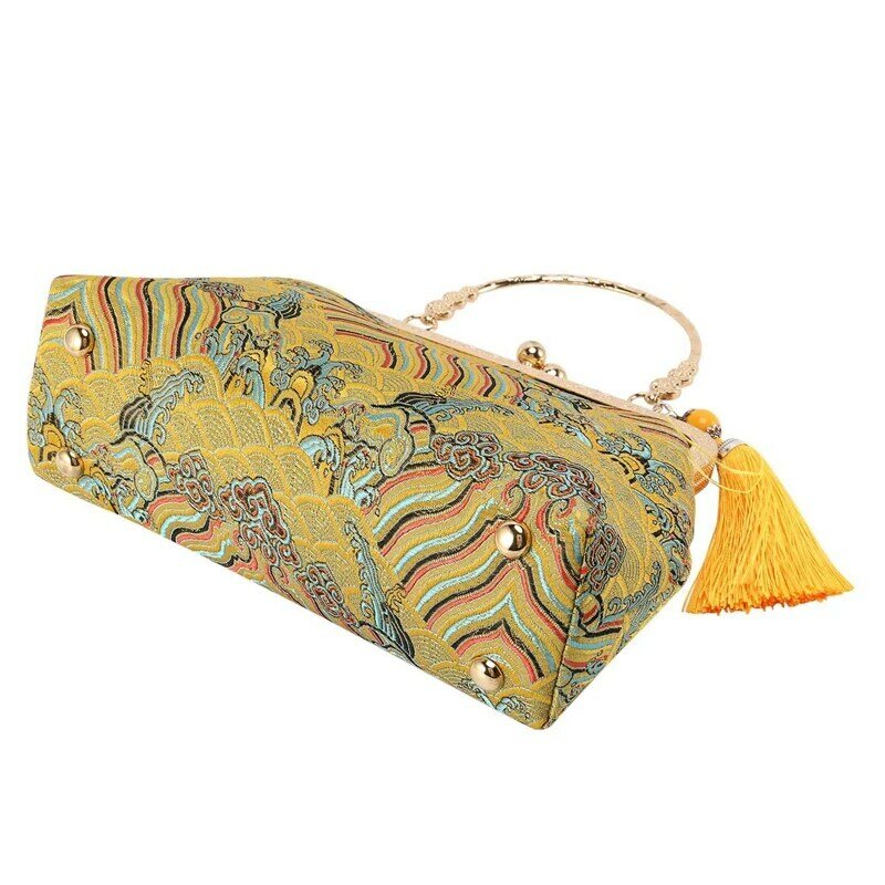NEW-2X Retro Su Haiya, bolsa de tela de viento, temperamento elegante, borla, Cheongsam, bolsa de banquete dorada, paquete Diagonal amarillo