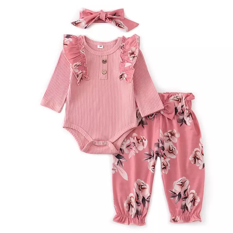 Set jumpsuit bayi perempuan baru lahir, pakaian bayi perempuan musim semi musim gugur 2024, jumpsuit Romper Ruffles bunga dan celana pita bandana pakaian bayi