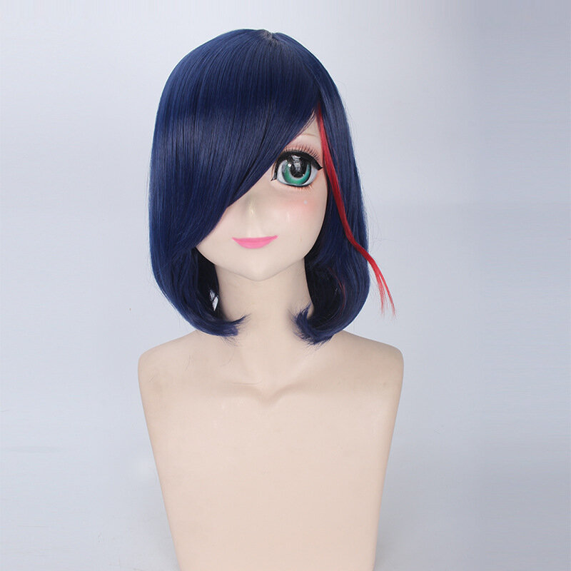 Peruca de cosplay sintética anime feminina, azul escuro, fantasia de festa 35cm