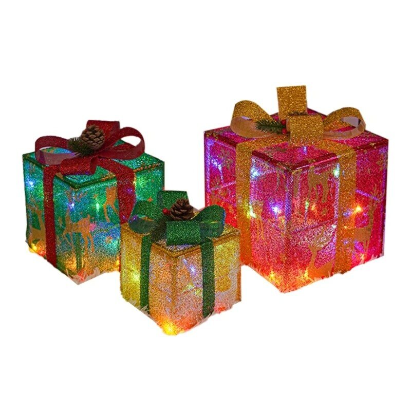 Cajas regalo iluminadas con luces LED cálidas, decoración fiesta para hogar, fiesta navideña, 3 uds.