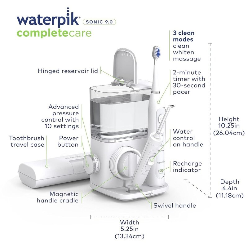 Waterpik Complete Zorg 9.0 Sonische Elektrische Tandenborstel Met Water Flosser, CC-01 Wit, 11 Delige Set