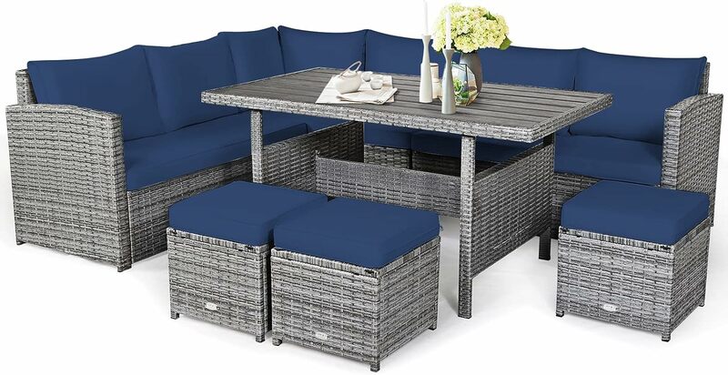 7 Pieces Patio Furniture Set, Outdoor Sectional Rattan Sofa Set with Cushions, Wicker Conversation Couch Set w/Dining Table