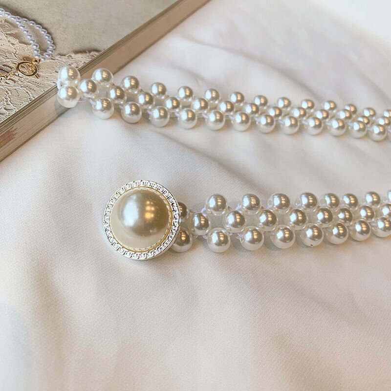 Fashion Large Pearl Waist Chain Women's Elastic Belt with Diamond Decoration All-match Skirt Casual Luxury Design Girdle Gothic