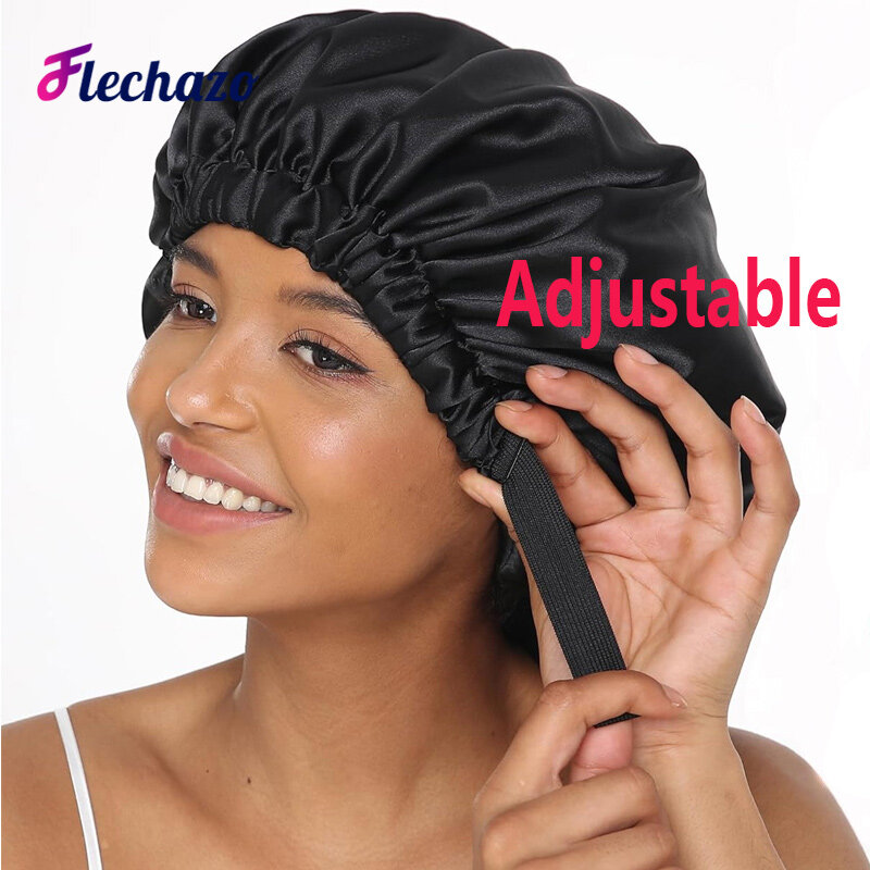Bonnet cetim de seda ajustável com elástico para mulheres, boné de cabelo reversível, boné de dormir, camada dupla, 3pcs