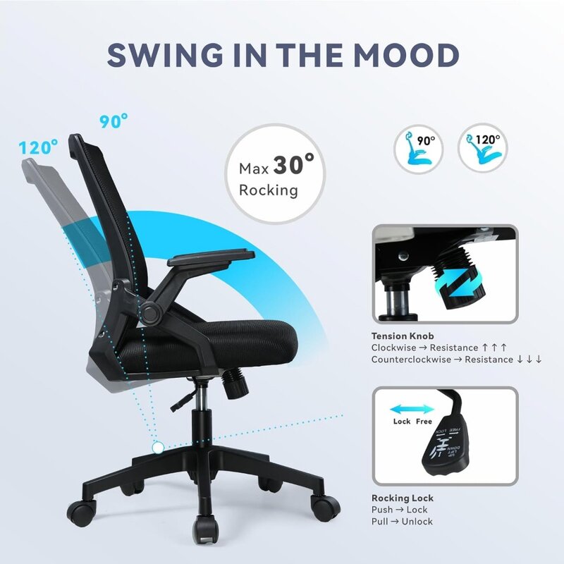 Commad-silla ergonómica de escritorio para ordenador, sillón de oficina con reposabrazos abatible, plegable, de malla, con ruedas, Lumbar adaptable
