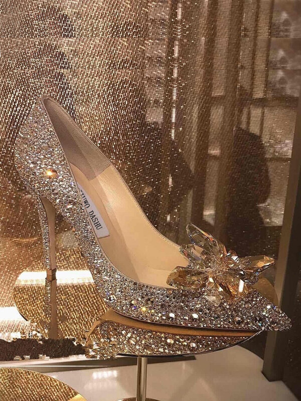 Luksusowe błyszczące damskie buty na wysokim obcasie Rhinestone Sexy moda pompy wskazał na cienkim obcasie eleganckie romantyczne buty ślubne damskie