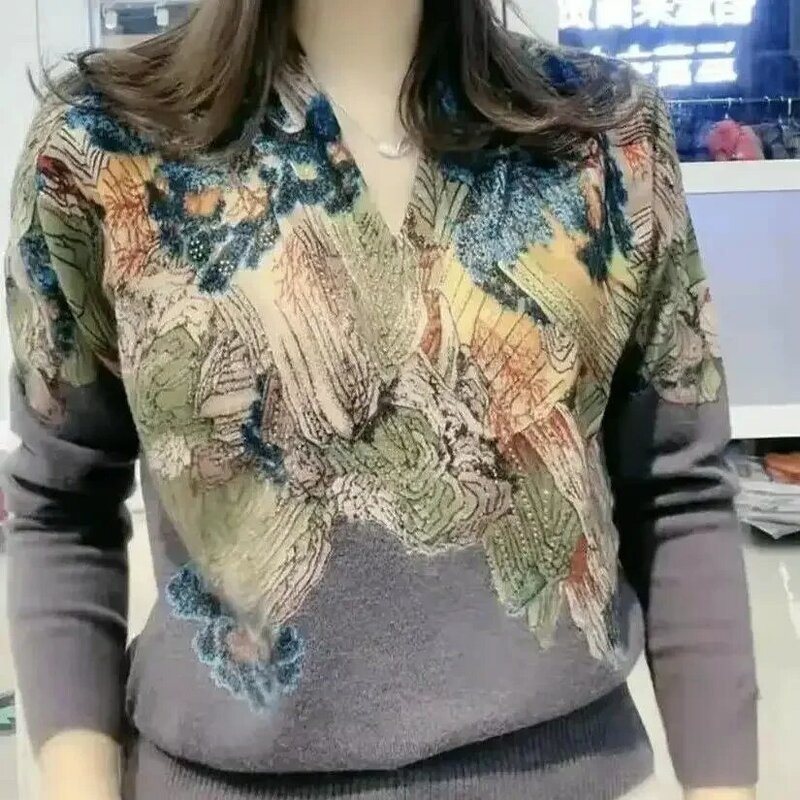 Autumn Winter Landscape Printing Diamonds Elegant Fashion Sweater Ladies 6XL Loose Casual All-match Pullover Top Knitting Jumper