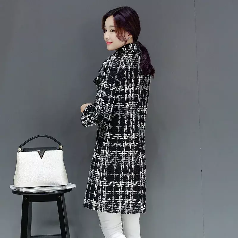 Высококачественное шерстяное пальто большого размера, женское клетчатое пальто 2024, корейская мода, приталенное шерстяное пальто средней длины