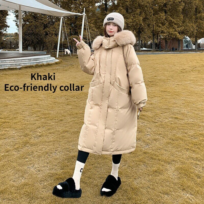 2022 Hooded หนาเสื้อแจ็คเก็ตสตรีผู้หญิง90% สีขาวเป็ดลง Fox Fur คอยาวเกาหลีขนาดใหญ่เสื้อสีอุ่นนุ่มแจ็คเก็ต