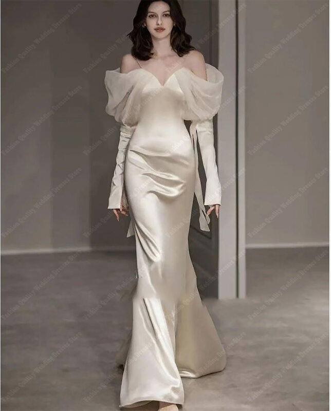 Nowa gładka satyna powierzchniowa damska suknie ślubne prostota głęboka w V syrenka suknia ślubna owijana pośladkami z ramienia Vestidos De Novia