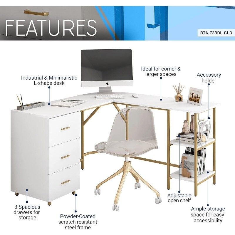 L-förmiger Schreibtisch-zweifarbiger Computer tisch mit Schubladen und Ablage fächern-einfache moderne Möbel und Home-Office-Räume
