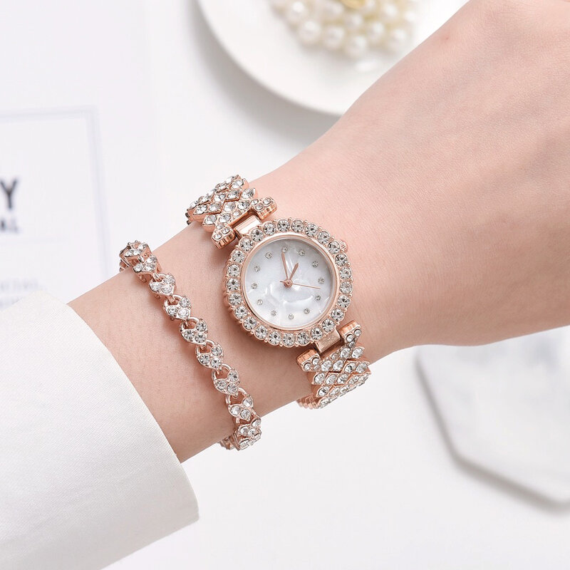 여성용 럭셔리 로즈 골드 시계, 여성용 쿼츠 다이아몬드 손목시계, 우아한 여성용 팔찌 시계, 2 개 세트 패션