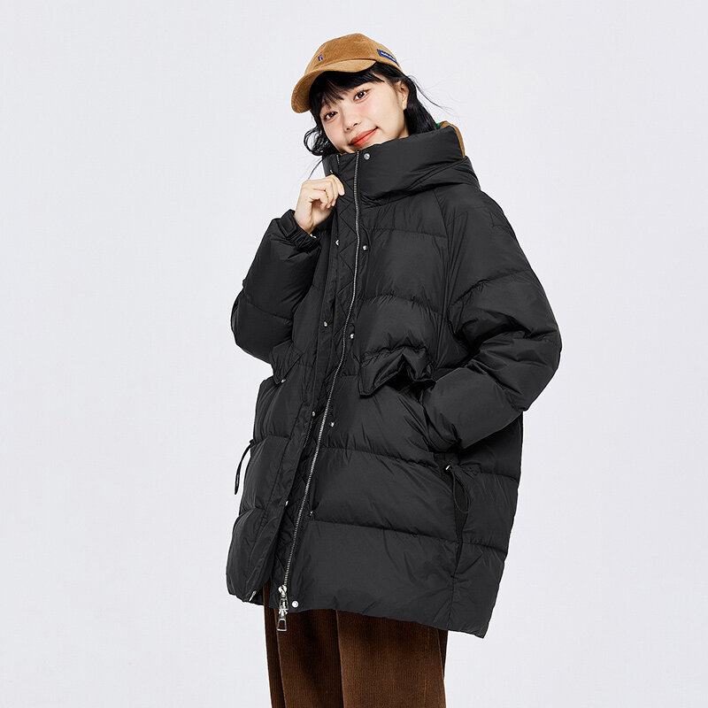 여성용 중간 길이 실루엣 누에 고치 다운 재킷, 대비색 후드 2023, 겨울 신상 패션, 두꺼운 재킷