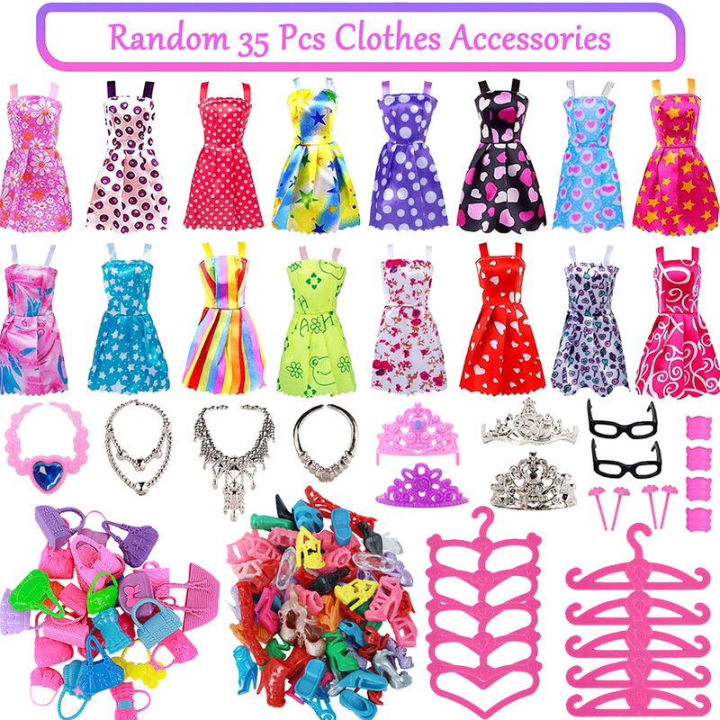 35 artículos/Set de accesorios para muñecas = 10 Mezcla de vestidos bonitos de moda + 10 accesorios + 10 perchas + 5 zapatos, ropa para Barbies, juguetes para muñecas, regalo