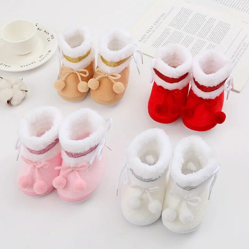 Детские ботинки, однотонные зимние плюшевые ботинки с помпоном для новорожденных мальчиков и девочек, мягкая удобная теплая обувь