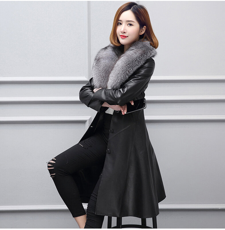 Yunsue-女性のための本革のジャケット,長いシープスキンのコート,キツネの毛皮の襟,エレガントな革の衣服