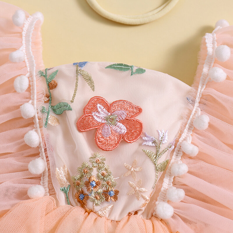 Летние детские комбинезоны VISgogo для девочек, кружевной тюлевый комбинезон с цветочной вышивкой, платье и повязка на голову, милая модная одежда, наряды