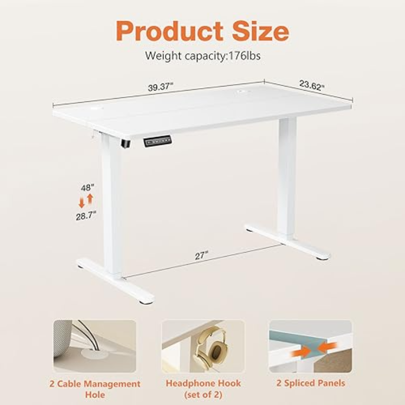 Electric Standing Desk - 40 x 24 inch Adjustable Height Sit to Stand Up Desk with Splice Board, Rising Home Office Computer Tabl