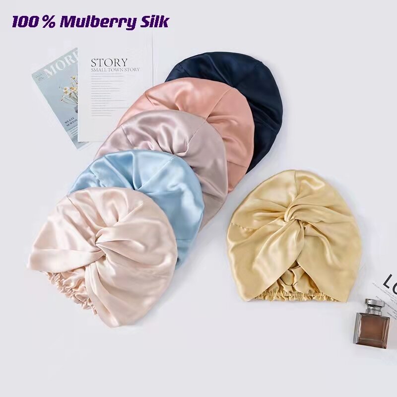 100 Topi Turban Sutra Murbei untuk Wanita Topi Tidur Putar 19 Momme Topi Pembungkus Rambut Sutra Murni untuk Wanita Keriting Penutup Kepala