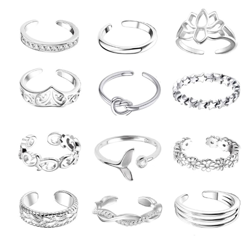 12 buah cincin kaki cincin jari terbuka warna mawar/perak/emas Set cincin dapat disesuaikan Aloi untuk wanita perhiasan kaki pantai musim panas