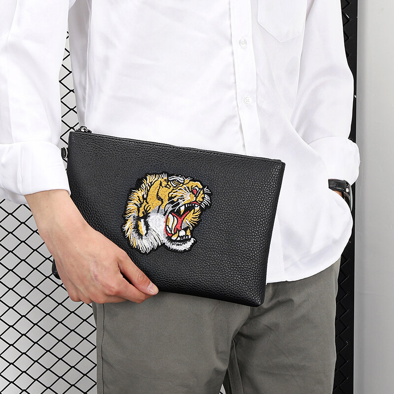 Bolso de mano de negocios con patrón de cabeza de tigre para hombre, bolso de mano de cuero PU suave de alta calidad para teléfono, bolso de mano informal para hombre