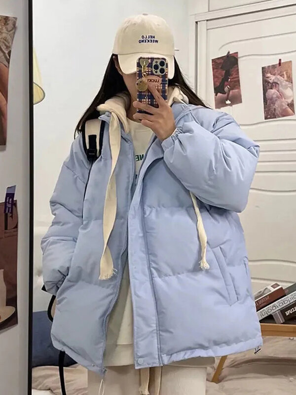 Winter kurze Jacke Frau Parkas 2023 dicke warme gespleißte Kapuze Parka übergroße koreanische Mode lose Baumwolle gepolsterte Oberbekleidung