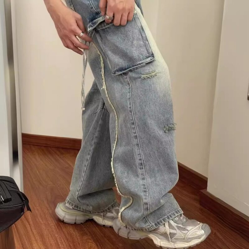 Jeans uomo pantaloni gamba larga estate dritto allentato pantaloni in Denim retrò Streetwear tasche moda Vintage High Street Man Clothes