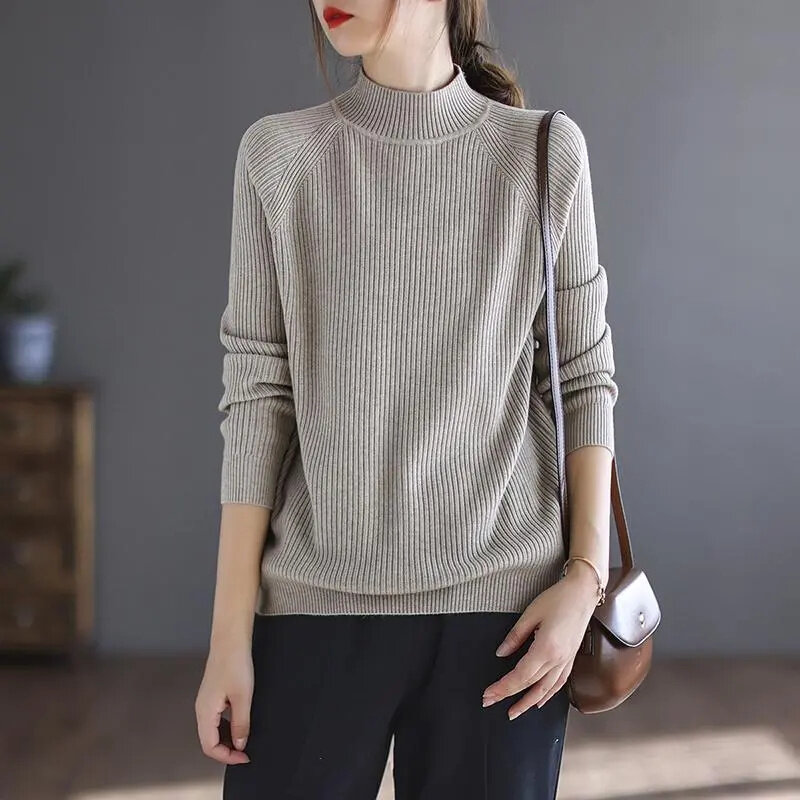 Turtleneck Sweater rajut wanita, Sweater rajutan lengan panjang, pullover rajut, atasan melar, mode 2024
