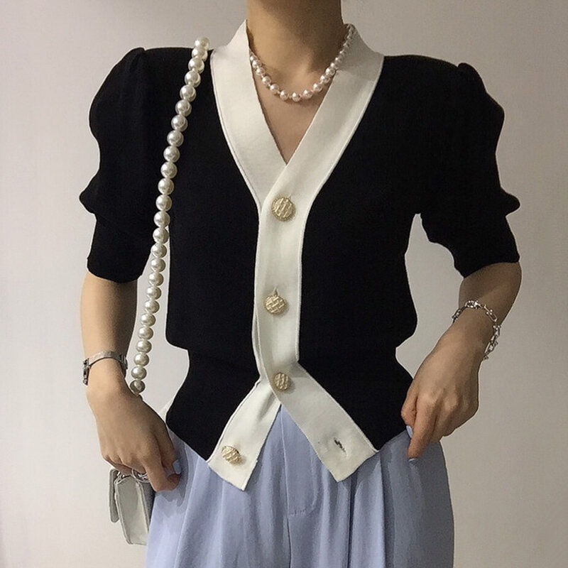 Korean Chic Summer French V-neck Black and White Contrasting Cardigan Single Breasted Casual Versatile Short Sleeved Knit Top