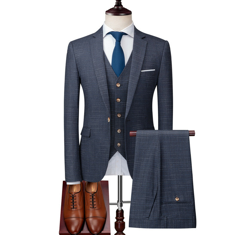 Conjunto de traje de 3 piezas para hombre, Blazer, pantalones, chaleco, moda, banquete, negocios, estilo británico, Delgado, gama alta, personalizado, a cuadros
