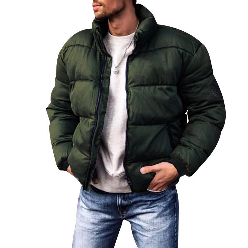 Jaqueta de manga comprida masculina, cor sólida casual, gola alta, zíper, quente, espessamento, roupas de inverno, 2023