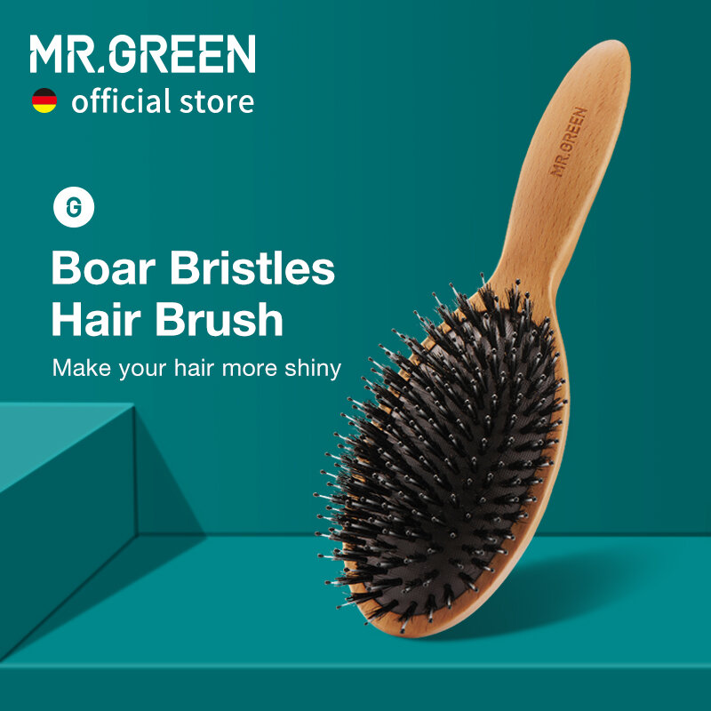 MR.GREEN Boar Bristle Hair Brush 자연 너도밤나무 빗 헤어 브러시 곱슬 두꺼운 긴 건조 젖은 머리 Detangler 마사지 브러쉬 여성용