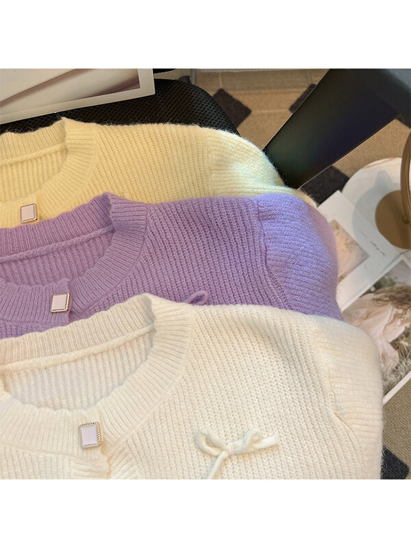 Kobiety fioletowy sweter z dzianiny sweter z lat 90. Moda w stylu Vintage Harajuku koreański 2000s z dekoltem w serek z długim rękawem biały sweter ubrania jesień