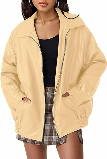 Jaket kulit imitasi ukuran besar wanita, mantel motor risleting dengan saku Musim Semi dan Gugur, pakaian Fashion 2024