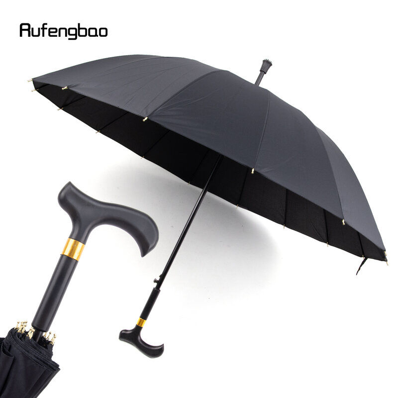 Black Automatic Windproof Cane Umbrella, Long Handle Enlarged Umbrella for Both Sunny and Rainy Days Walking Stick Crosier 86cm
