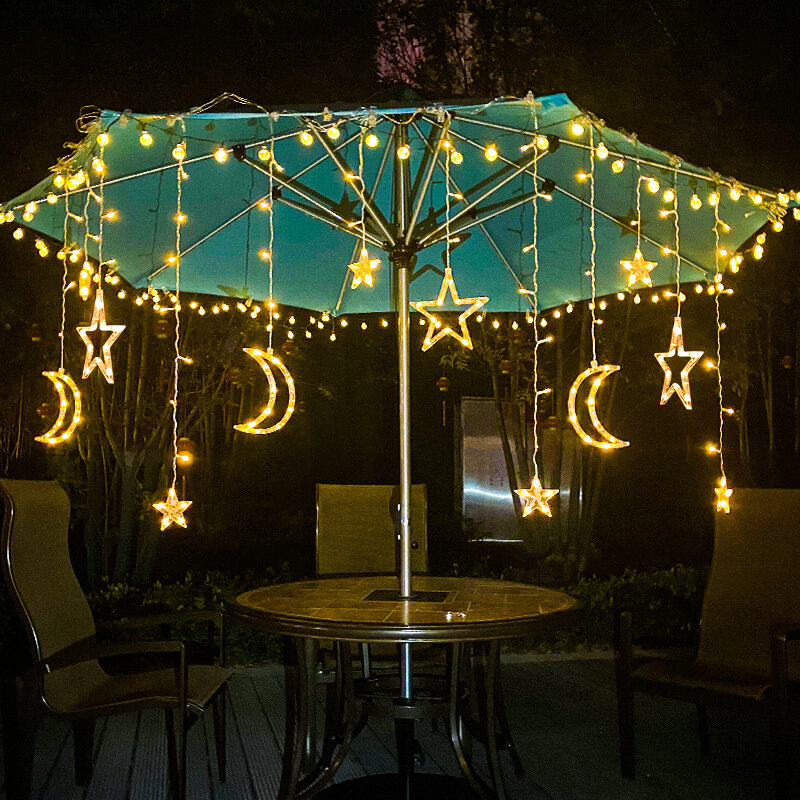Lampada solare 3.5M 138 LED Star Moon Curtain String Lights 8 modalità IP44 Ramadan Garland Christmas Wedding Party Home Decor EU Plug