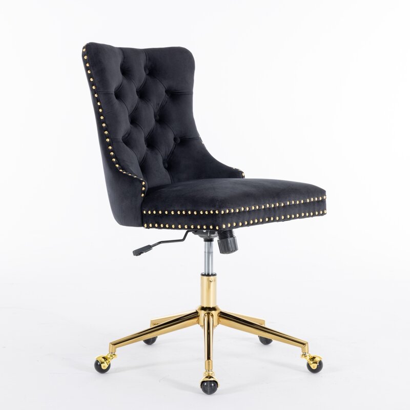 A & A Móveis-Veludo estofado cadeira de escritório adornado com base de metal dourado, mesa ajustável giratória, botão Home