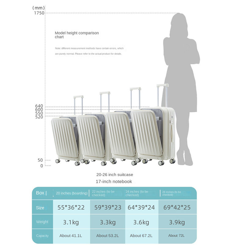20"22"24"26 Inch Travel Suitcase Front Open Cover Multifunctional Trolley Case with Cup Holder Boarding Box Rolling Luggage