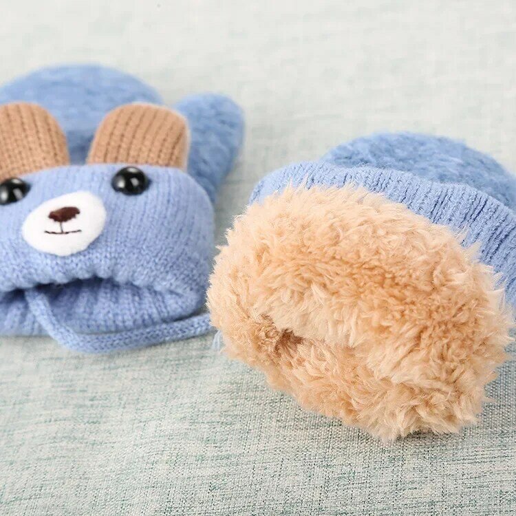 Luvas de lã de malha para crianças Luvas de algodão, corda completa, urso bonito, térmico, quente, meninos, meninas, crianças, bebês, inverno