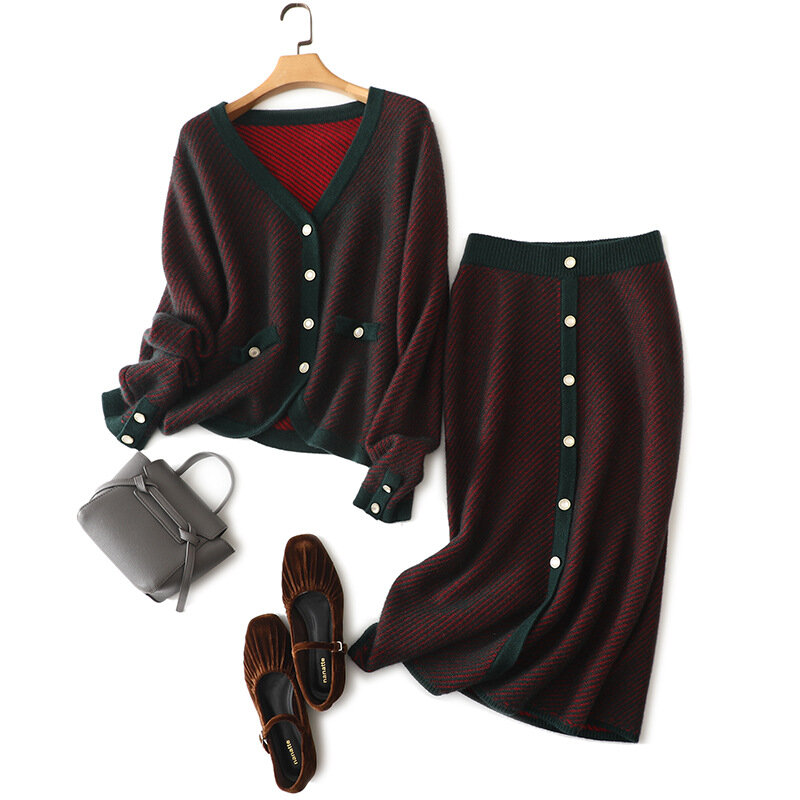 Birdtree-Suéter de caxemira puro feminino e saia casual, 50% cabra, 70% lã, grosso, solto, conjuntos de 2 peças, S3D644JM
