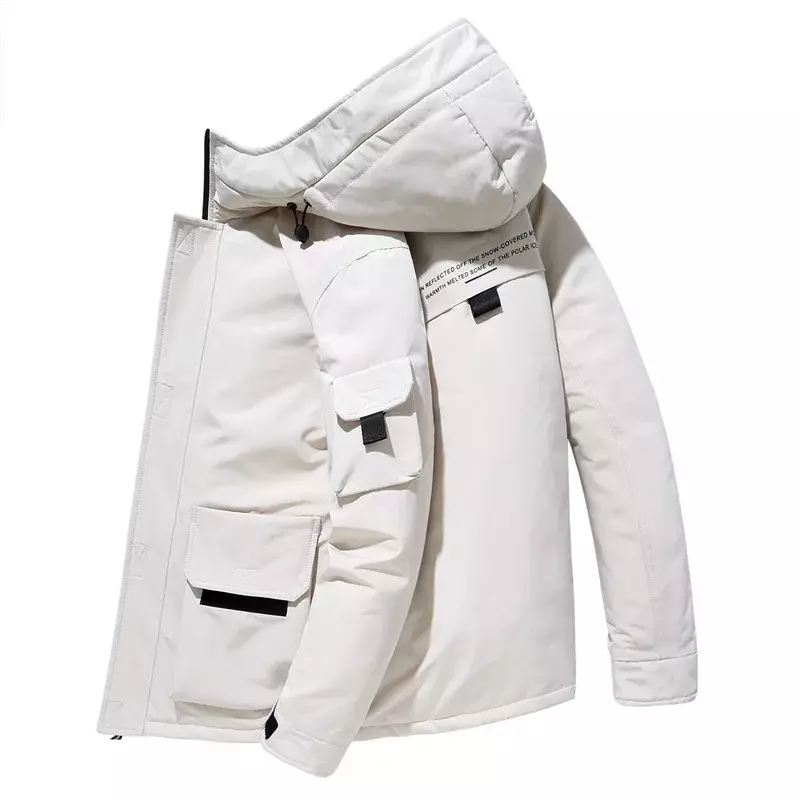 Men's Short Down Jackets, White Duck Down, Medium Fur Collar, Hooded Thick Puffer Coat, Thermal Winter Parka,-20 ~ -5