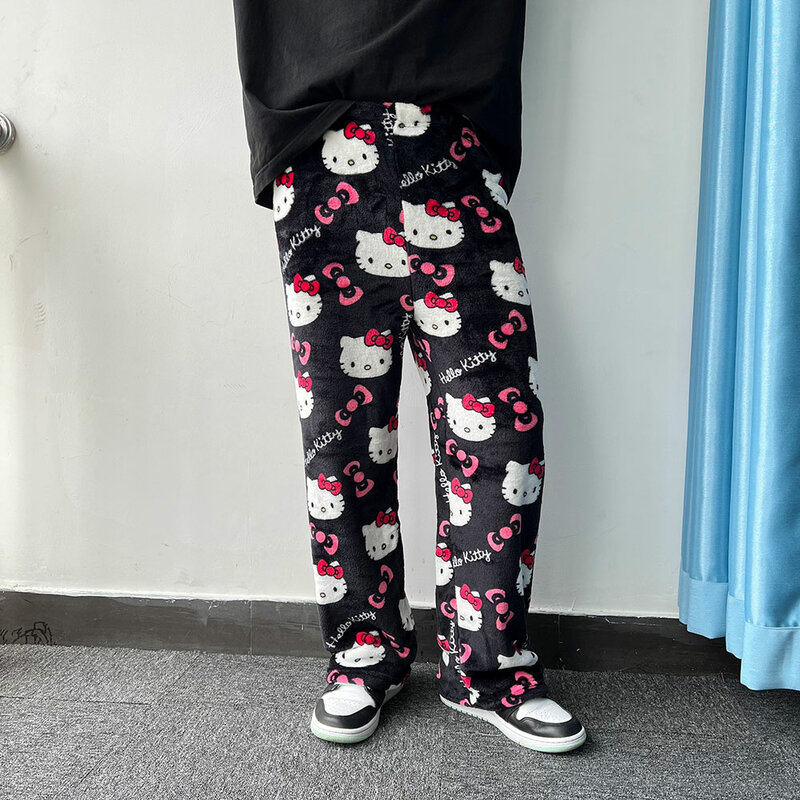 Sanrio Hello Kitty Flannel Pajamas Black Women'S Warm Woolen Cartoon Casual Home Pants In Autumn Winter Fashion Trousers