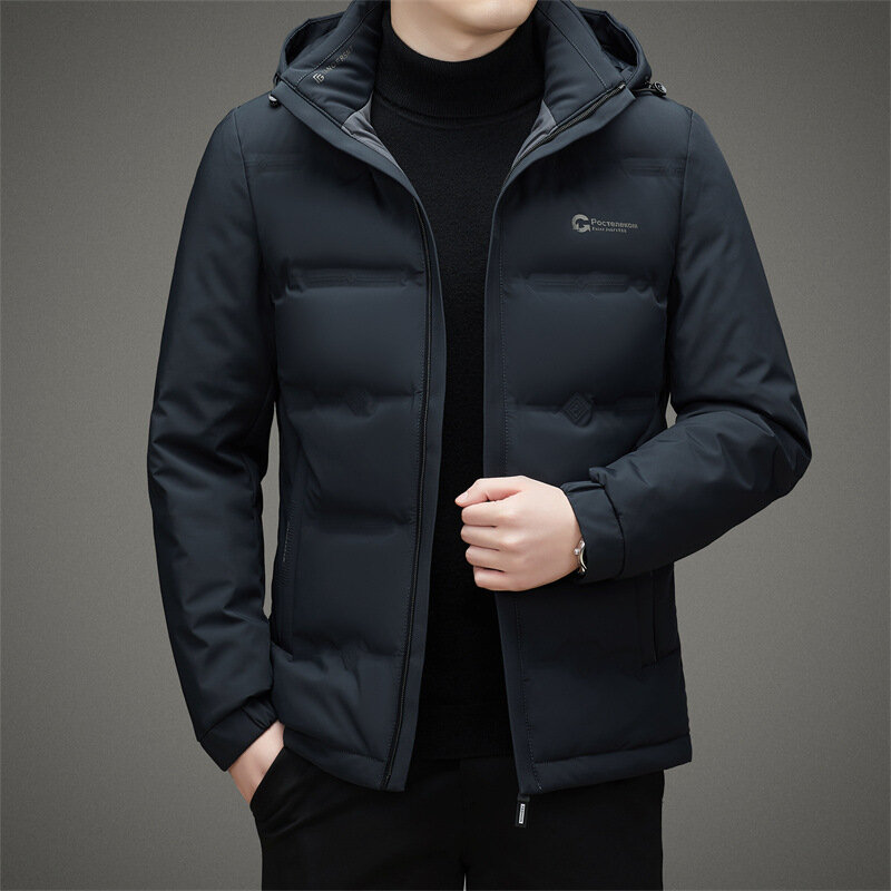 男性用の厚手の断熱ジャケット,耐寒性,短いフード付き,中年男性用衣類,冬用,2023